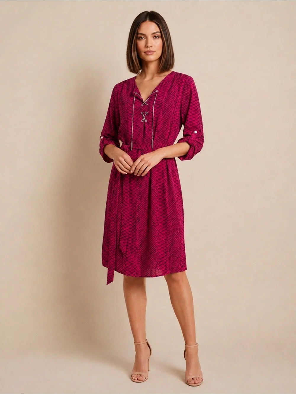 Michael Kors Pink Magenta Snake Print Tie Neck Dress Roll Tab Sleeves Size L